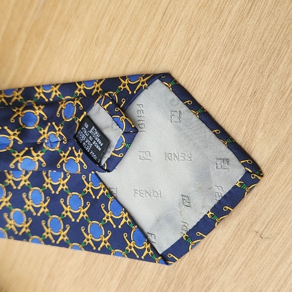 Authentic FENDI Blue and Gold Geometric Pattern 100% Silk Tie - Picture 9 of 10